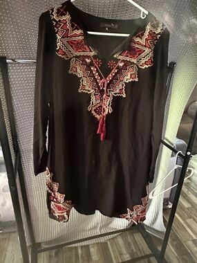 THML Black Tunic with Red and Cream Embroidered V-Neck